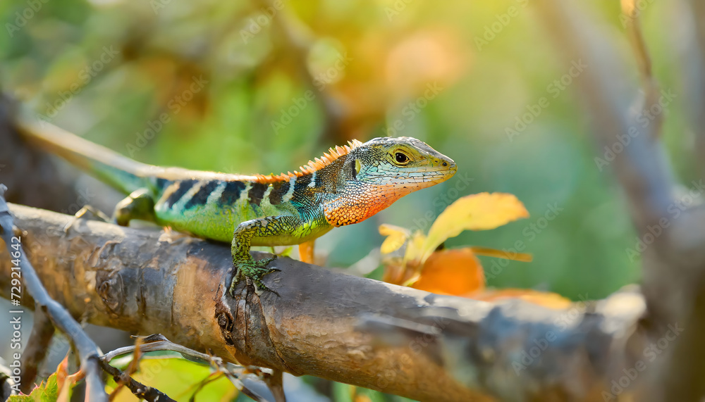 Naklejka premium Green lizard on a branch in nature