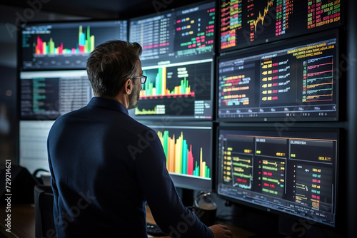 Rear view of male financial analyst examining data over multiple monitors in office.