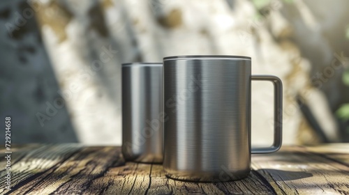 Two stainless steel mugs sitting on a wooden table. Perfect for coffee lovers and kitchen-themed designs