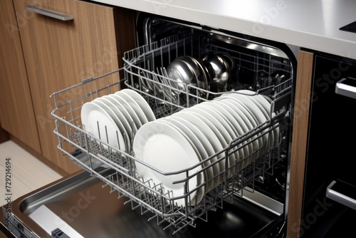 A dishwasher filled with lots of white plates. Perfect for kitchen-related designs and restaurant advertisements