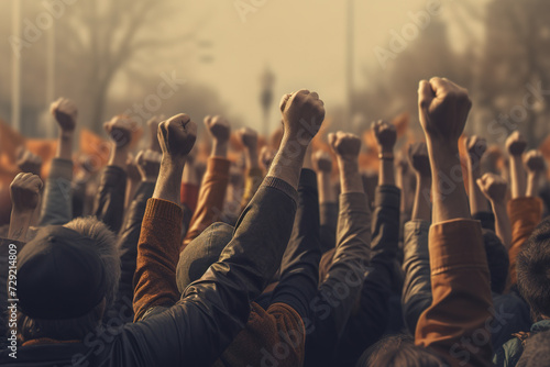 Close-up of large group of people with raised fists on public demonstrations. photo