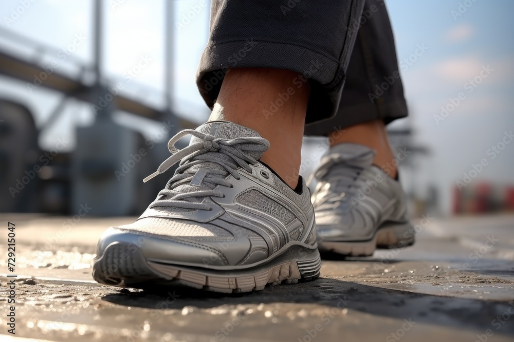 Close-up view of a person's shoes on a sidewalk. Suitable for various applications