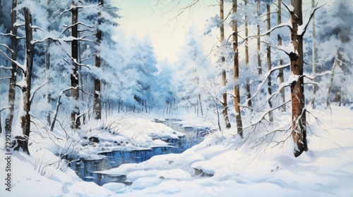 A breathtaking, snow-covered forest in winter. landscape watercolor Generative AI © vadosloginov