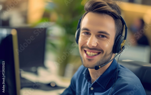 Smiling Man Wearing Headset in Front of Computer