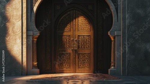 A large wooden door adorned with intricate carvings. Perfect for adding a touch of elegance and craftsmanship to any design project