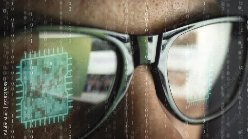 Cg collage on the background of a part of a male face in glasses with ...