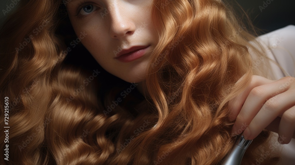 Obraz premium A woman with long red hair is seen brushing her hair. This image can be used in hair care, beauty, and grooming related projects