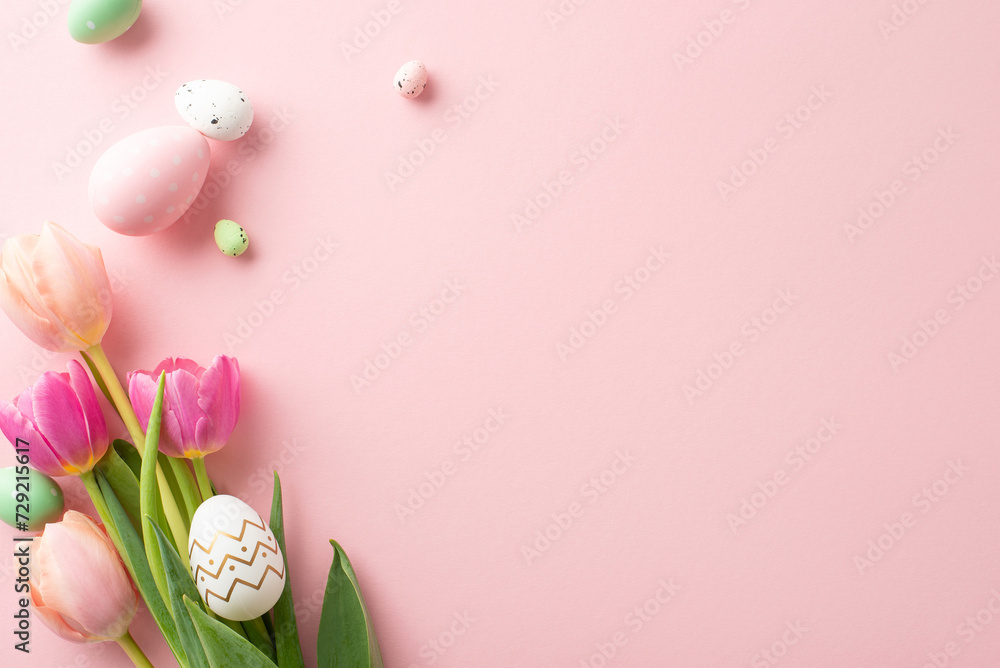 Easter charm in every detail – a high-angle top view of lively eggs, and fresh tulips set against a light pink background, providing space for messages