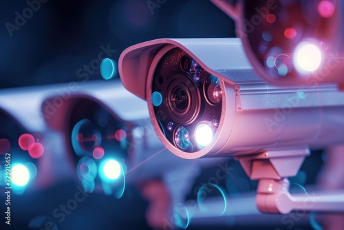 A close up view of a bunch of surveillance cameras. Can be used to illustrate security, surveillance, or technology concepts