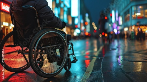 Man on wheelchair cross the road at dusk, Lifestyle living in street transport photo
