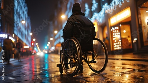 Man on wheelchair cross the road at dusk, Lifestyle living in street transport