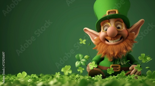 Leprechaun with clover leaves on a green background, St. Patrick's Day banner