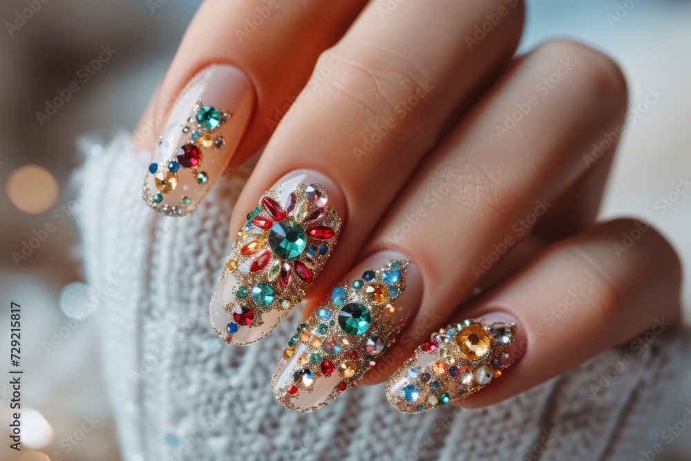 A close-up view of a woman's hand showcasing a vibrant and colorful manicure. Perfect for beauty and fashion related projects A close-up view of a woman's hand showcasing a vibrant and colorful manicure. Perfect for beauty and fashion related projects