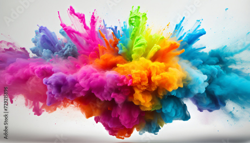 Color explosion. Colorful particles explosion. Rainbow-colored powder explosion. Bright colors, isolated object. White background. Creative idea, Brainstorming session, Creativity