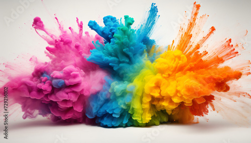 Color explosion. Colorful particles explosion. Rainbow-colored powder explosion. Bright colors, isolated object. White background. Creative idea, Brainstorming session, Creativity