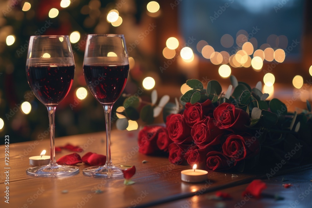 Two glasses of wine and a bouquet of roses on a table. Ideal for romantic occasions and celebrations