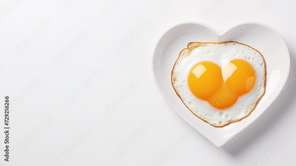 Fried eggs on a heart-shaped plate on a white background, a symbol of love, food for a healthy diet