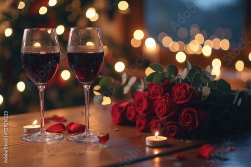 Two glasses of wine and a bouquet of roses on a table. Ideal for romantic occasions and celebrations © Fotograf