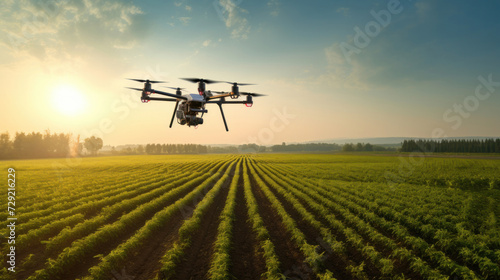 Agricultural technology concept. drone flies over green field and sprays useful pesticides to increase productivity destroys harmful insects.