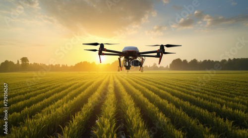 Agricultural technology concept. drone flies over green field and sprays useful pesticides to increase productivity destroys harmful insects. photo