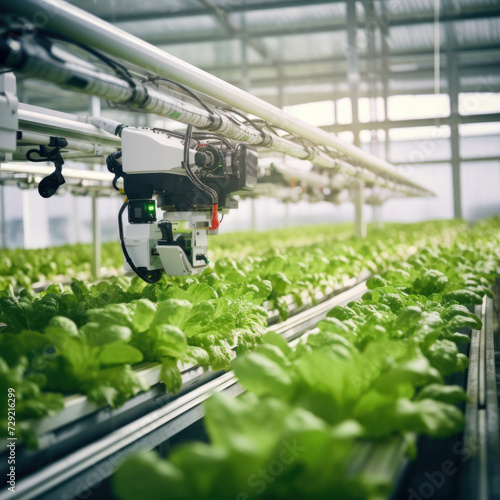 Agricultural technology Robotic arm harvesting hydroponic lettuce in a greenhouse, Smart farming concept.