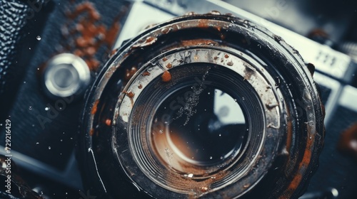 An old camera with rust on the lens. Perfect for capturing vintage moments. Ideal for photography enthusiasts or vintage-themed projects