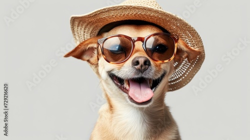 A dog wearing a straw hat and sunglasses. Perfect for summer-themed designs and pet-related projects