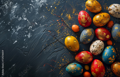 Colorful Easter eggs with a golden pattern on a dark background. Copy space. Photorealistic, background with bokeh effect. 