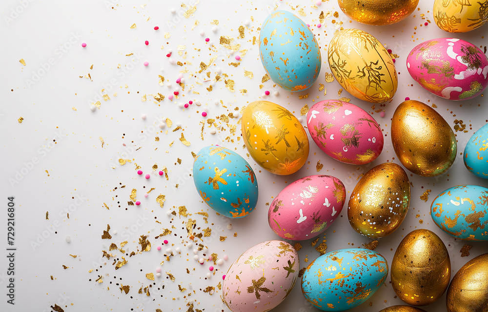 Fototapeta premium Colorful Easter eggs with a golden pattern on a white background. Copy space. Photorealistic, background with bokeh effect. 