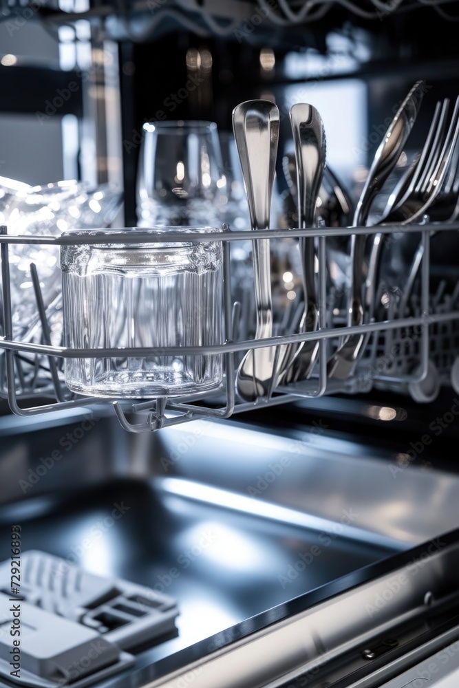 A detailed view of a dishwasher with silverware inside. Perfect for showcasing modern kitchen appliances and cleanliness