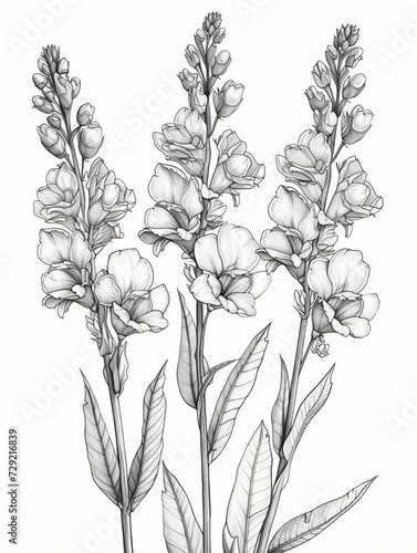 Black and white style line style snapdragons flowers photo