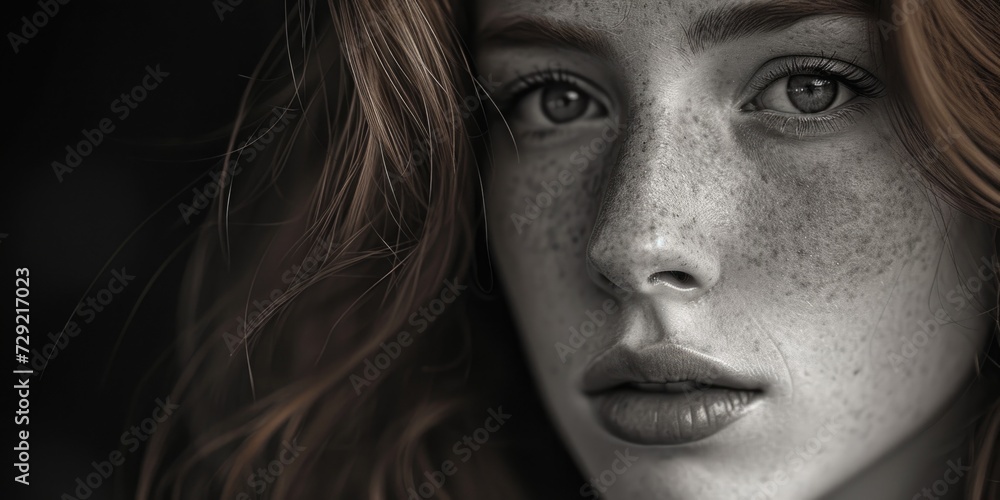 A close-up shot of a woman with freckles on her face. This image can be used to showcase natural beauty or for skincare and beauty-related content A close-up shot of a woman with freckles on her face. This image can be used to showcase natural beauty or for skincare and beauty-related content