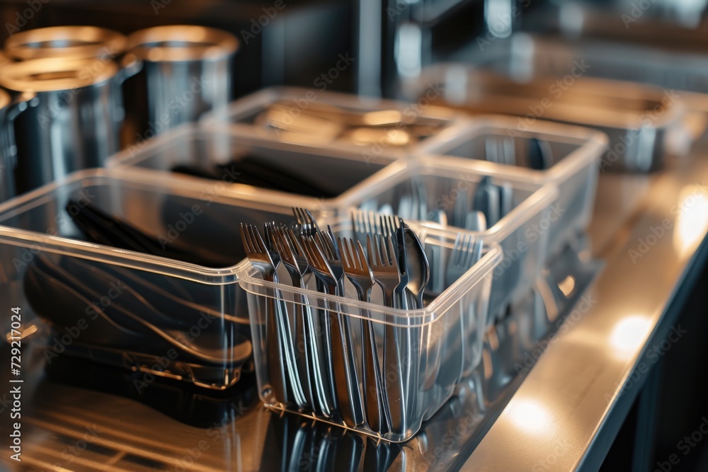 A collection of forks and spoons neatly arranged in plastic containers. Perfect for catering events and picnics A collection of forks and spoons neatly arranged in plastic containers. Perfect for catering events and picnics