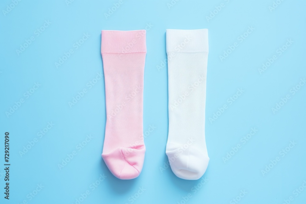 Two pairs of pink and white socks on a blue background. Perfect for showcasing colorful and cozy footwear. Two pairs of pink and white socks on a blue background. Perfect for showcasing colorful and cozy footwear.