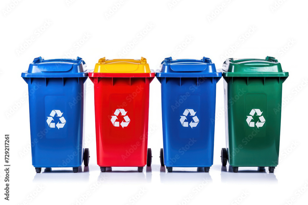 Row of Four Different Colored Trash Cans Row of Four Different Colored Trash Cans