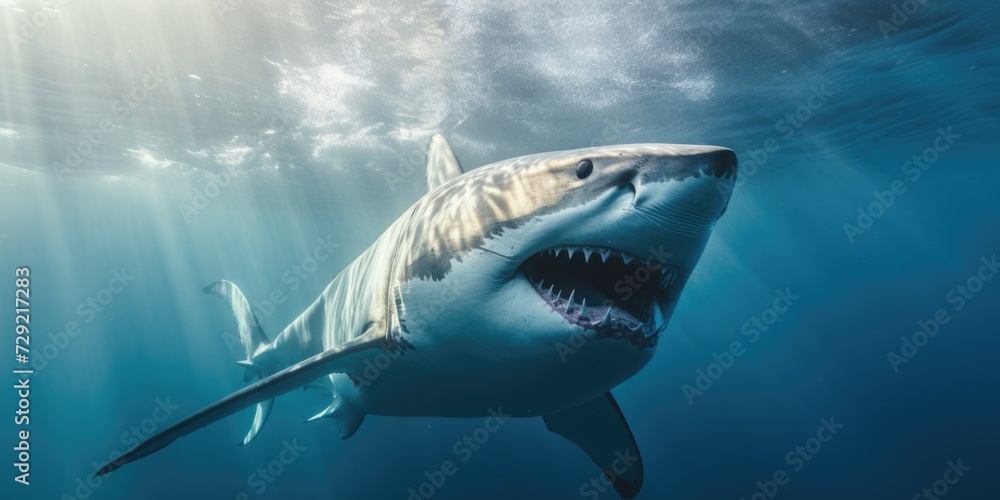 Naklejka premium A powerful and majestic great white shark with its mouth wide open, swimming in the water. Perfect for marine and ocean-themed projects