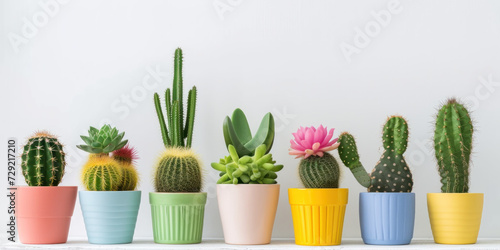 a Vibrant Row of Different Colored Pots With Cacti in Them