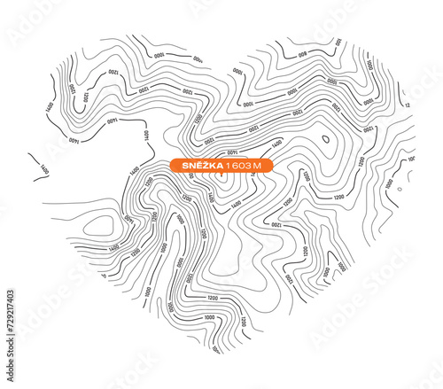 Vector background with black textured topographical contour of the highest mountain of the Czech Republic named Snezka forming a heart symbol. White background
