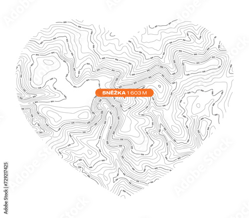 Vector background with black textured topographical contour of the highest mountain of the Czech Republic named Snezka forming a heart symbol. White background
 photo