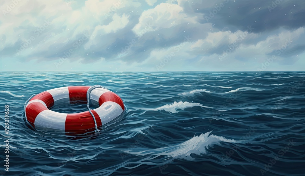 Naklejka premium Vivid orange lifebuoy floating in blue sea symbolizing safety and rescue in times of danger essence of emergency preparedness and importance of life saving equipment in vast ocean