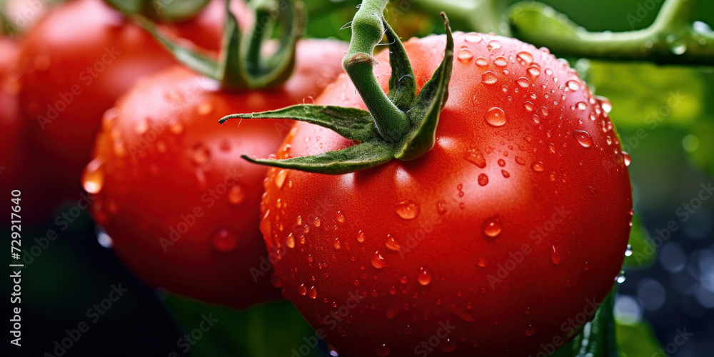 Big red tomatoes soaked with water droplets on organic farm tomato plant. Big red tomatoes soaked with water droplets on organic farm tomato plant.