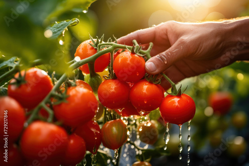 Close up hand of farmer picking red tomatoes soaked with water droplets on organic farm tomato plant.
