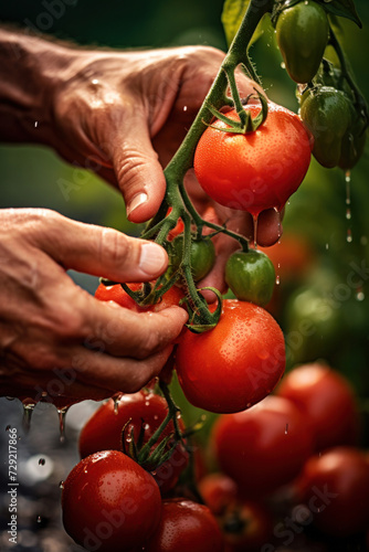 Close up hand of farmer picking red tomatoes soaked with water droplets on organic farm tomato plant.