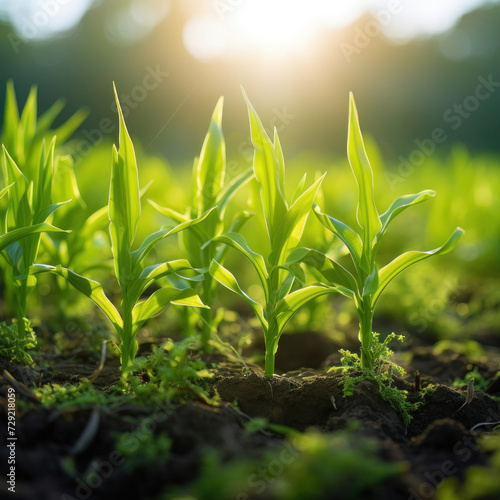 Close up of Green corn plants on a field.