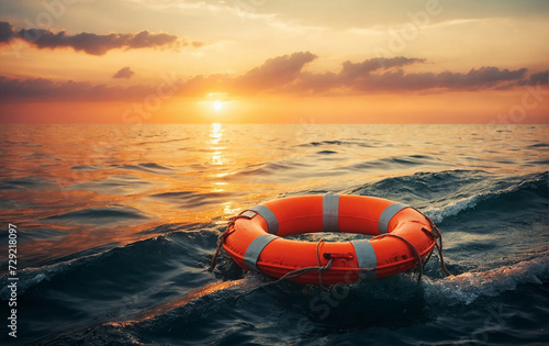 Lifebuoy Floating on Open Sea at Sunset. Rescue, Safety and Hope Concept