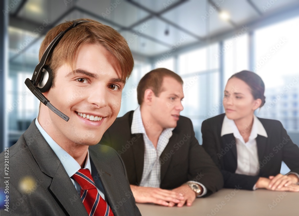 Happy consultant worker work in a call center Happy consultant worker work in a call center