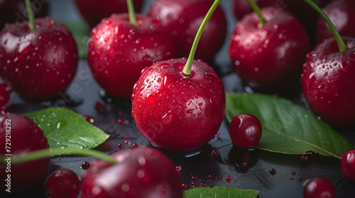 Fresh red cherries with water droplets on a dark background. close-up of juicy fruit. perfect for food blogs and nutrition websites. AI