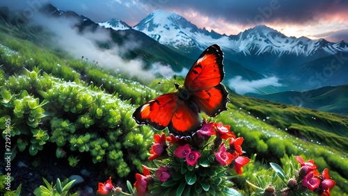 Landscape with flowers and butterfly, Generative AI