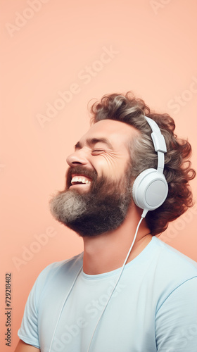 Joyful Bearded Man Enjoying Music With Headphones Against a Peach Background