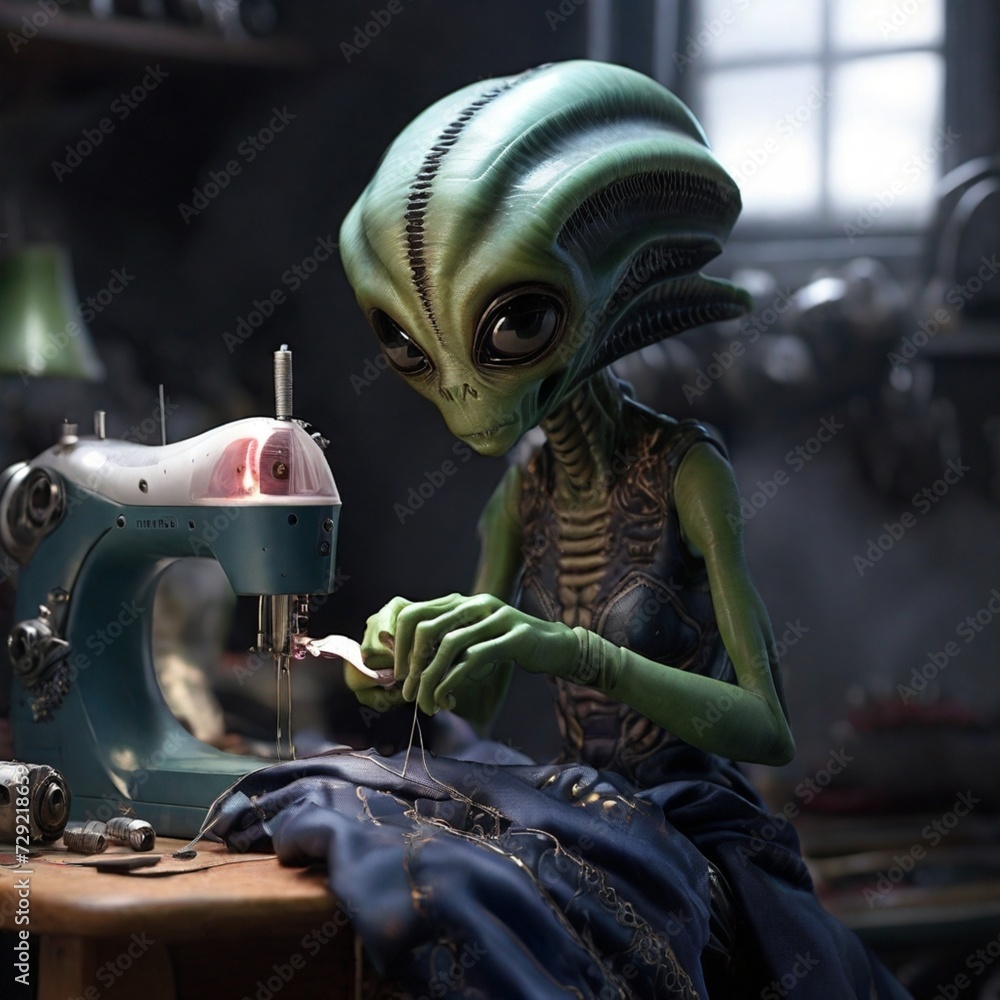 alien couturier sewing a human dress in atelier aria 51 - obrazy, fototapety, plakaty 